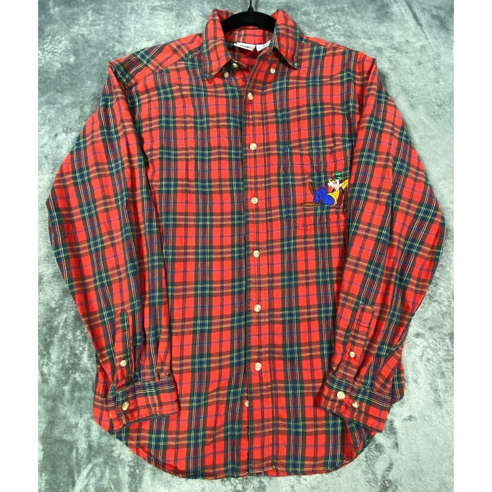 Vintage 90s Disney Shirt Mens Small‎ Red Plaid Flannel Embroidered Pocket Button